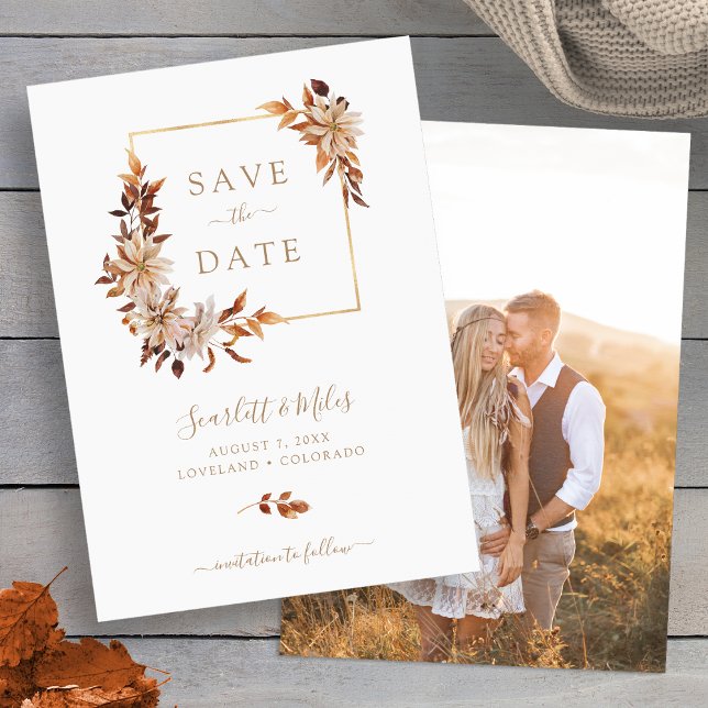 Faire-part de date de sauvegarde d'automne (Modern Fall Leaves Photo Save The Date Invitation by Painted Paperie
)