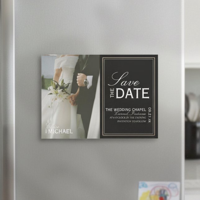 Faire part de date limite de réponse classique noi (Invite guests to your formal affair with this Classic Black Editorial Photo Save the Date Magnet!)