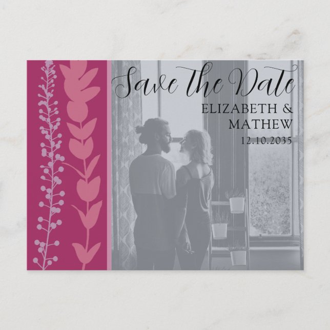 Faire-part de date moderne chic avec photo et feui (Devant)