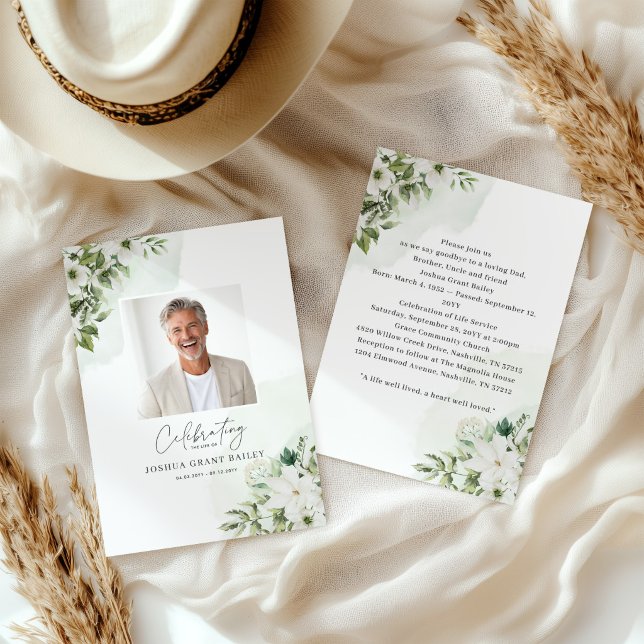 Faire-part de décès floral blanc avec verdure (Créateur téléchargé)