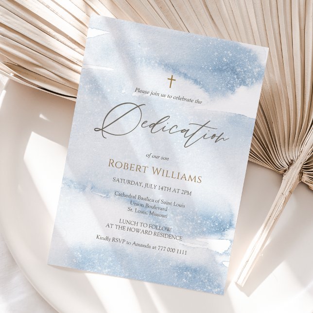 Faire-part de dédicace garçon aquarelle bleu pouss (Dusty Blue Watercolor Boy Dedication Invitation Card)