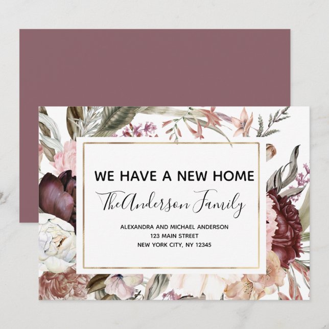 Faire-part de déménagement Boho Mauve Floral (Devant / Derrière)