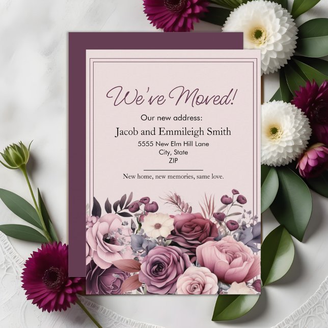 Faire-part de déménagement couple fleurs rose viol (Purple and pink watercolor floral moving announcement)