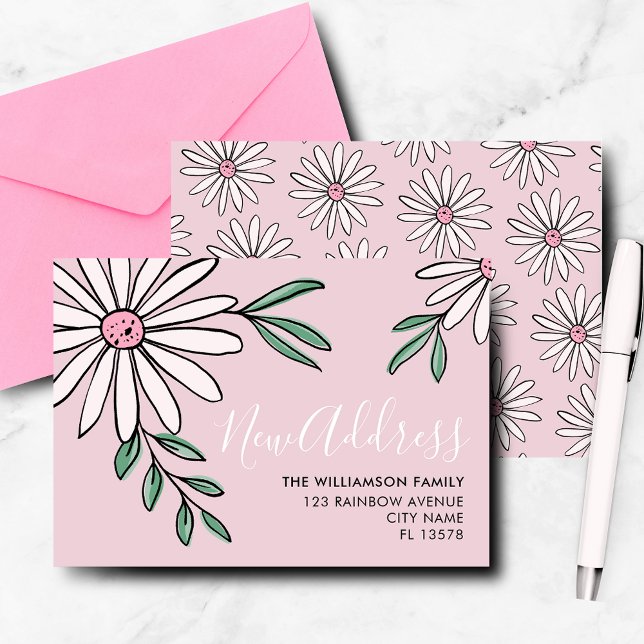 Faire-part de déménagement moderne marguerite (Modern botanical. floral daisy leaf, pink new address, moving announcement notecard. )
