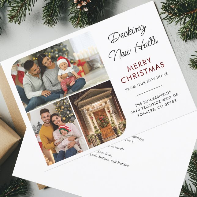 Faire-part de déménagement Noël Famille Photo (Decking New Halls Elegant Christmas Family Baby Photo Collage Moving Announcement)