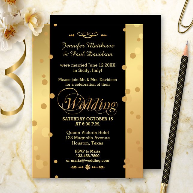 Faire-part de départ à l'étranger ou de fête après (Post wedding reception invitation in gold and black with festive confetti sparkles)