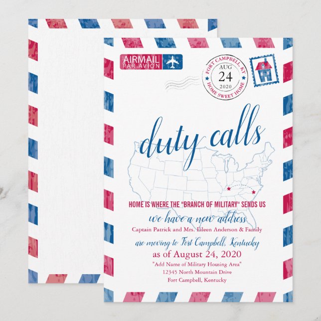 Faire-part de déplacement militaire de Fort Campbe (Devant / Derrière)