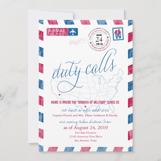 Faire-part de déplacement militaire de Fort Sam Ho (Devant)