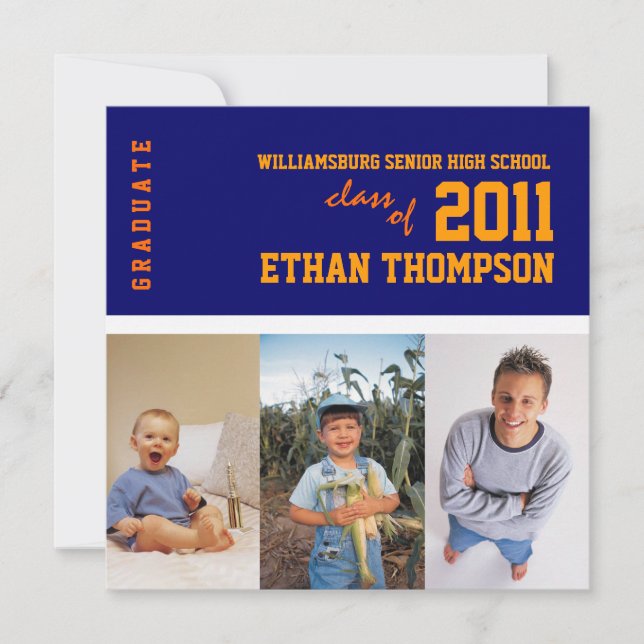 Faire-part de diplôme 3 Photos Navy Orange (Devant)