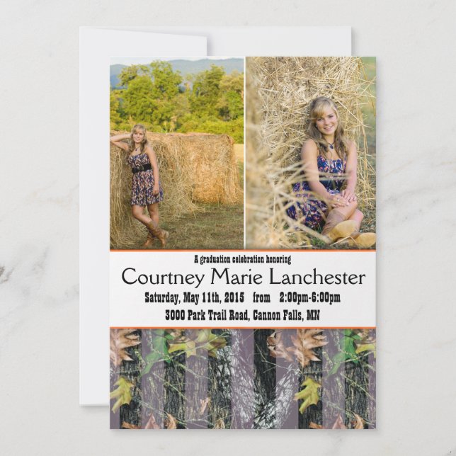 Faire-part de diplôme en orange et en camouflage (Devant)