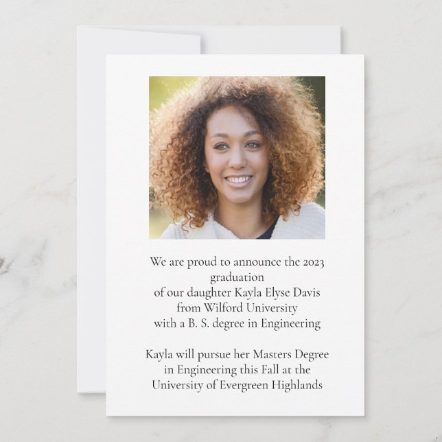 Faire-part de diplôme tendance fille élégante (Dos)