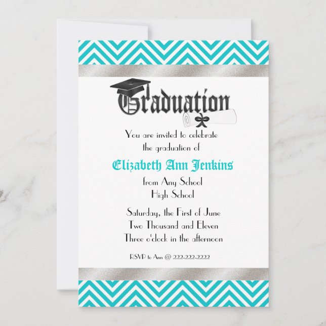 Faire-part de diplômes Aqua et White Chevron (Devant)
