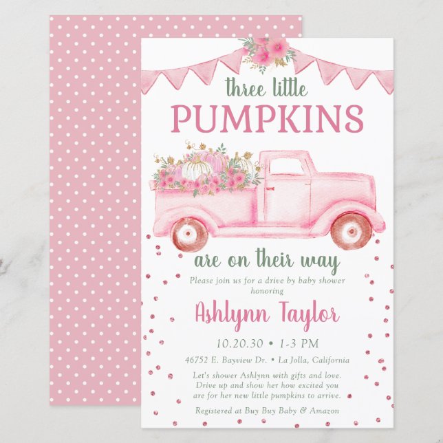 Faire-part de douche bébé Budget Triplets Rose Pet (Devant / Derrière)