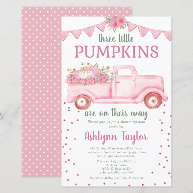 Faire-part de douche bébé Budget Triplets Rose Pet (Devant / Derrière)