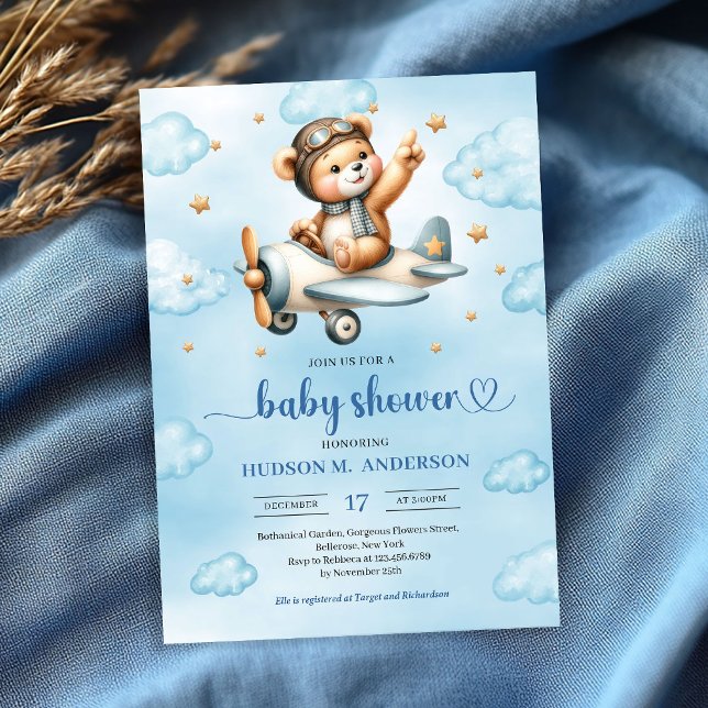 Faire-part de douche charmants ourson pilote bleu  (Charming pilot teddy bear blue boy shower invitation)