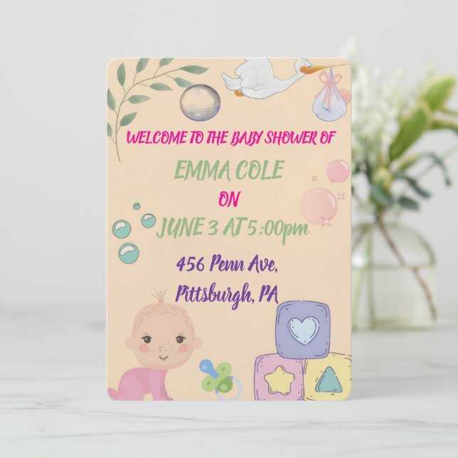 Faire-part de douche de bébé fille à l'aquarelle m (Debout devant)