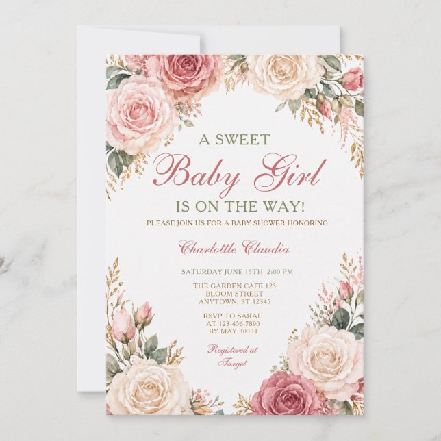 Faire-part de douche de bébé fille florale Rose ro (Devant)