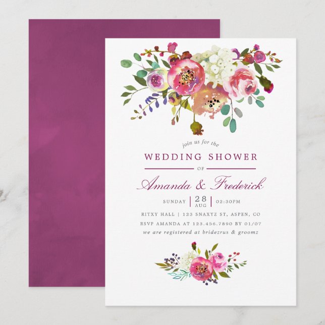 Faire-part de douche de mariage floral prune et pê (Devant / Derrière)