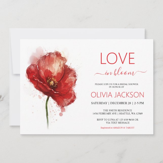 Faire-part de douche de mariage floral rouge Amour (Devant)