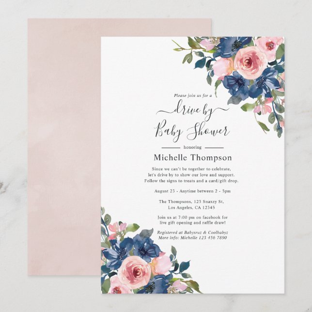 Faire-part de douche de mariage Navy et Blush Flor (Devant / Derrière)