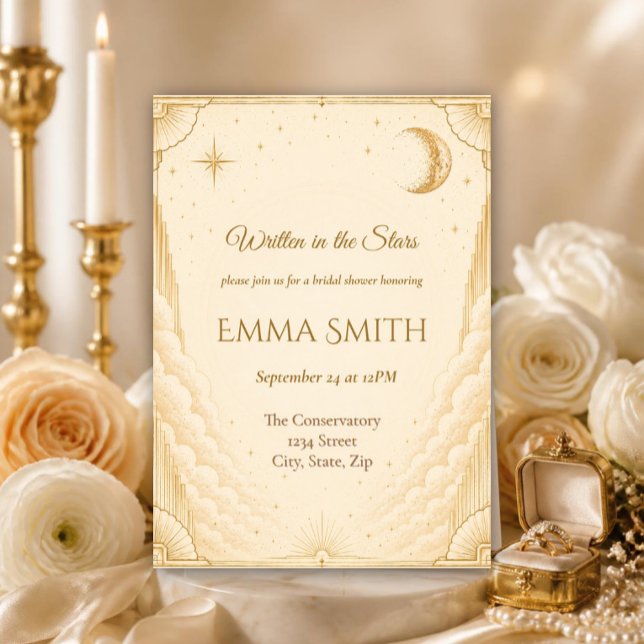 Faire-part de douche de mariée céleste | Élégante  (Elegant celestial bridal shower invitation with gold moon and stars.)