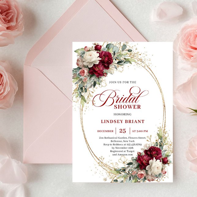 Faire-part de douche de mariée chic rouge profond  (Chic Deep Red Floral Gold Bridal Shower Invitation)