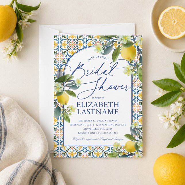 Faire-part de douche de mariée italienne au citron (Blue Tile Italian Lemon Bridal Shower Invitation)