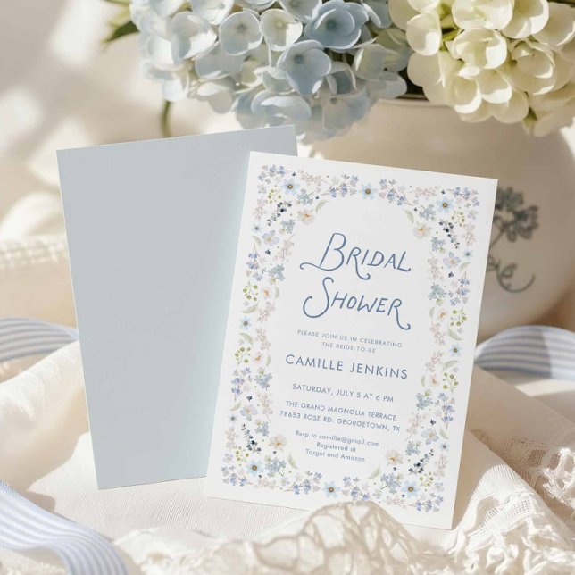 Faire-part de douche de mariée Jardin Bleu Romanti (Elegant Garden Blue Floral Bridal Shower Invitation)
