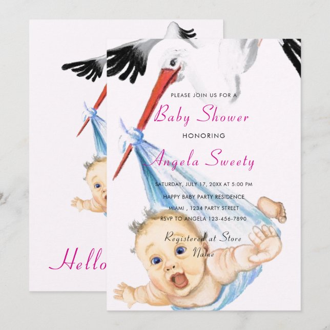 Faire-part de douche fun bébé cigogne drôle (Devant / Derrière)