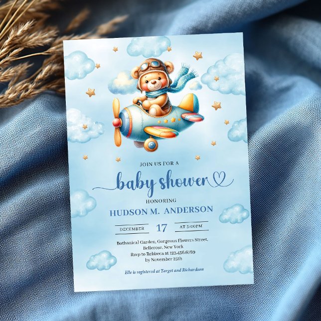 Faire-part de douche pour garçon ourson pilote ble (Playful blue pilot teddy bear boy shower invitation)