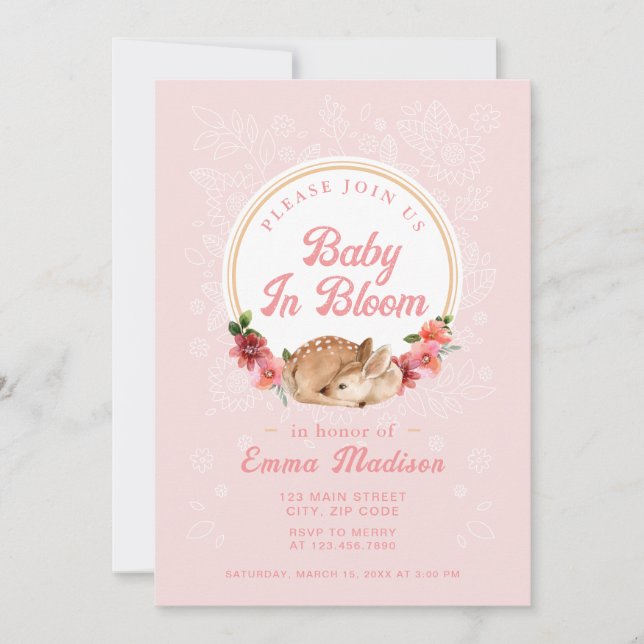 Faire-part de douche rose Bébé en fleurs Cerf de l (Devant)