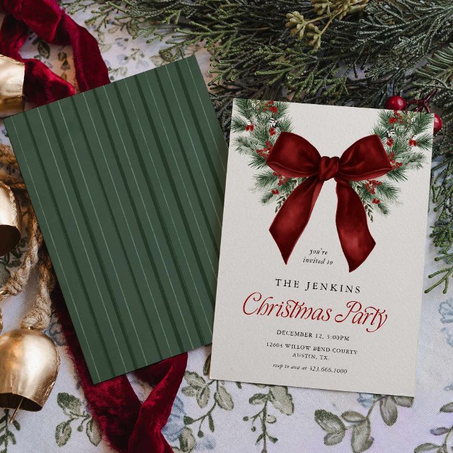 Faire-part de fête avec couronne de Noël élégante  (Red Ribbon Wreath Christmas Party Invitation)