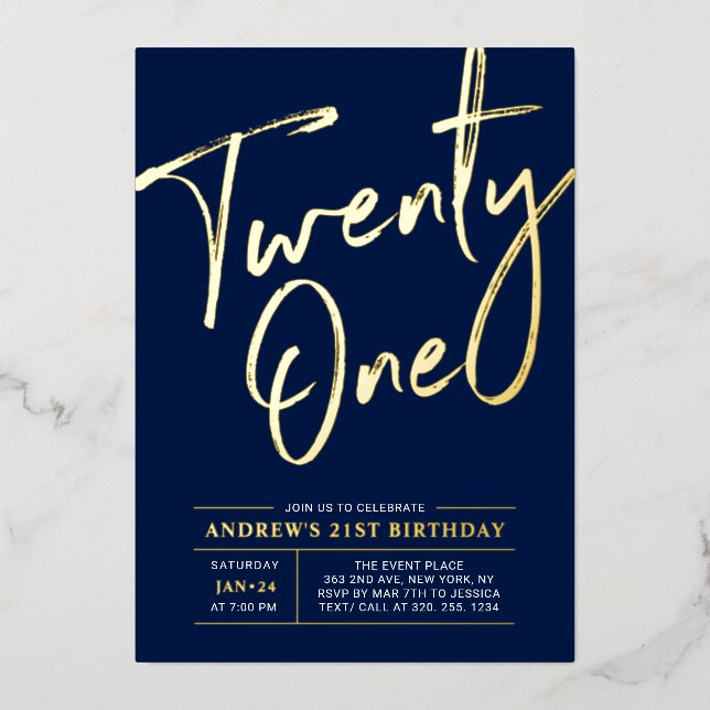 Faire-part de fête d'anniversaire 21 ans Navy blue (Recto)