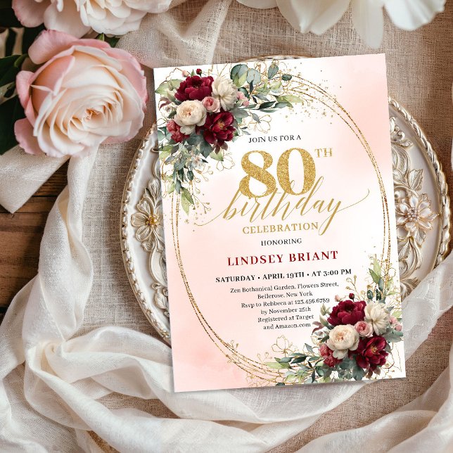 Faire-part de fête d'anniversaire 80 ans Floral Bo (Soft Blush Boho Floral 80th Birthday Party Invitation)