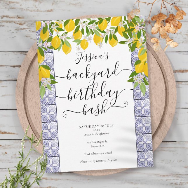 Faire-part de fête d'anniversaire avec des tuiles  (Lemons Greenery Tiles Script Birthday Party Invitation)