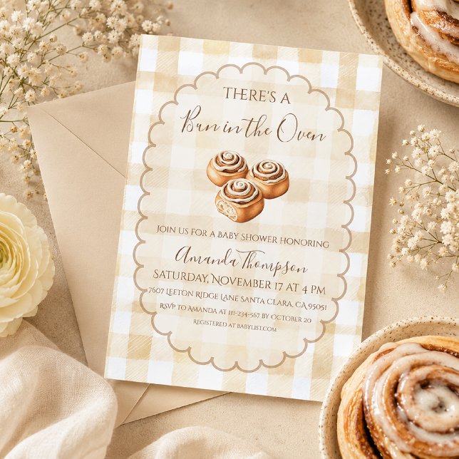 Faire-Part de Fête de Bébé Gingham Beige 'Bun in t (Créateur téléchargé)