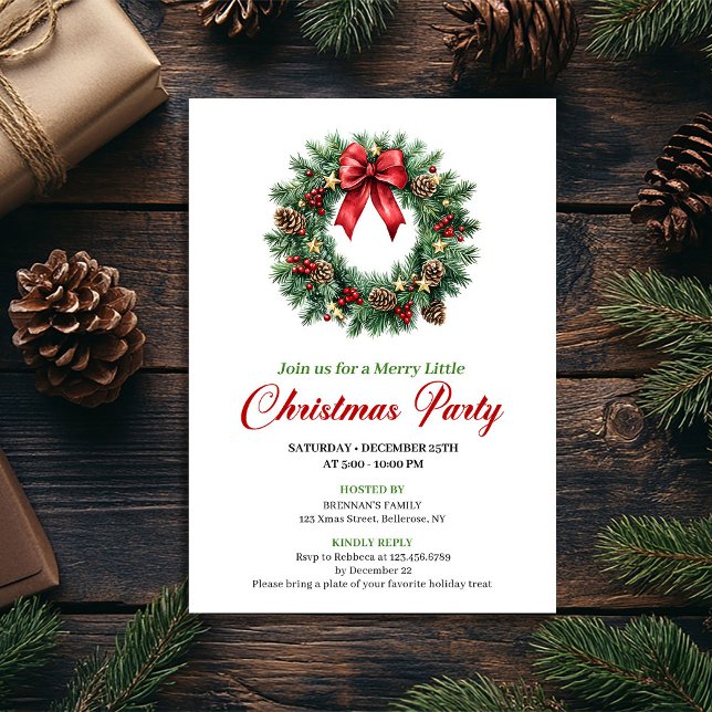 Faire-part de fête de couronne de pin traditionnel (Elegant Traditional Pine Wreath Party Invitation)