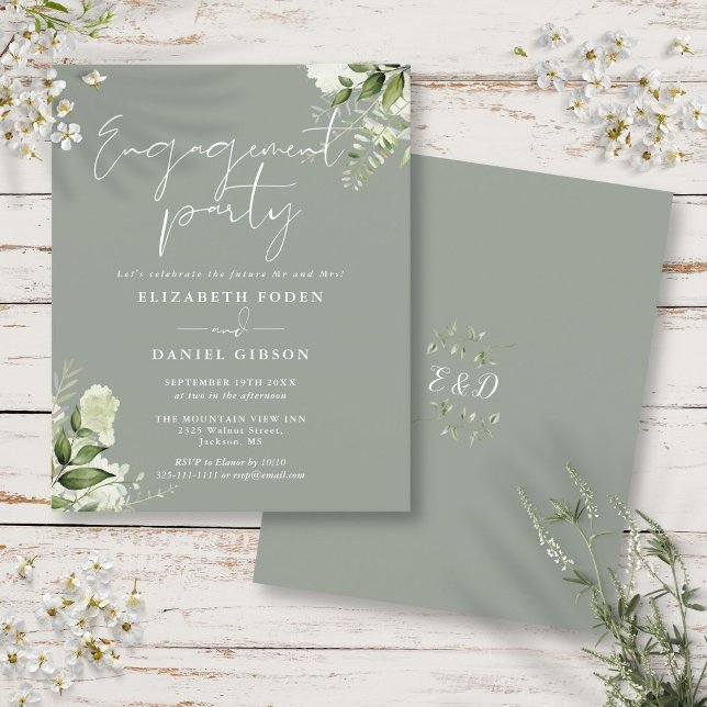 Faire-part de fête de fiançailles floral de sauge  (Budget Floral Sage Green Engagement Party Invite)