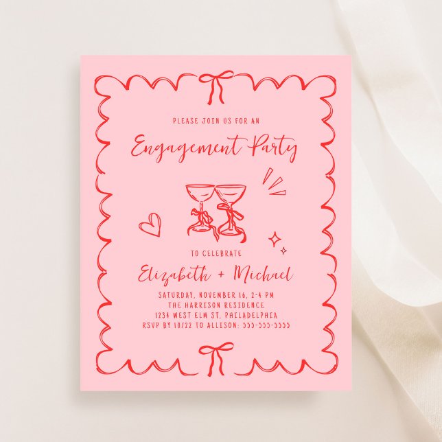 Faire-part de fête de fiançailles rose rouge capri (Whimsical Pink Red Engagement Party Invitation)