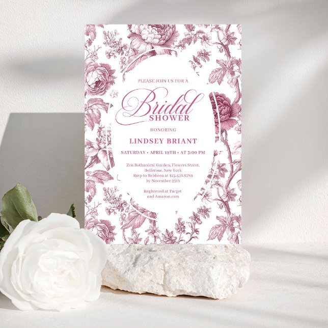 Faire-part de Fête de Fiançailles toile de Jouy Fl (Dusky Pink Toile Roses Pattern Bridal Shower Invitation

)
