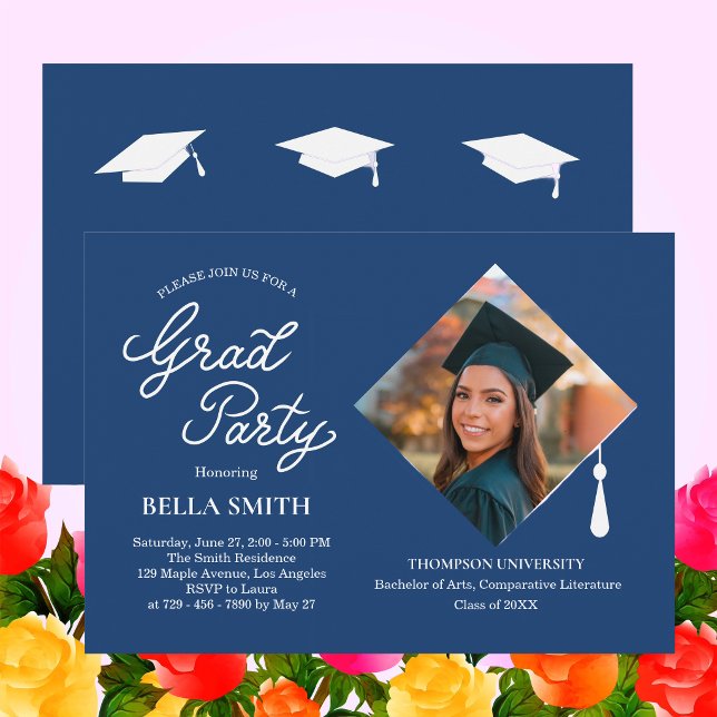 Faire-part de fête de remise de diplômes élégant e (Elegant Stylish Cap Topper Photo Graduation Party Invitation )