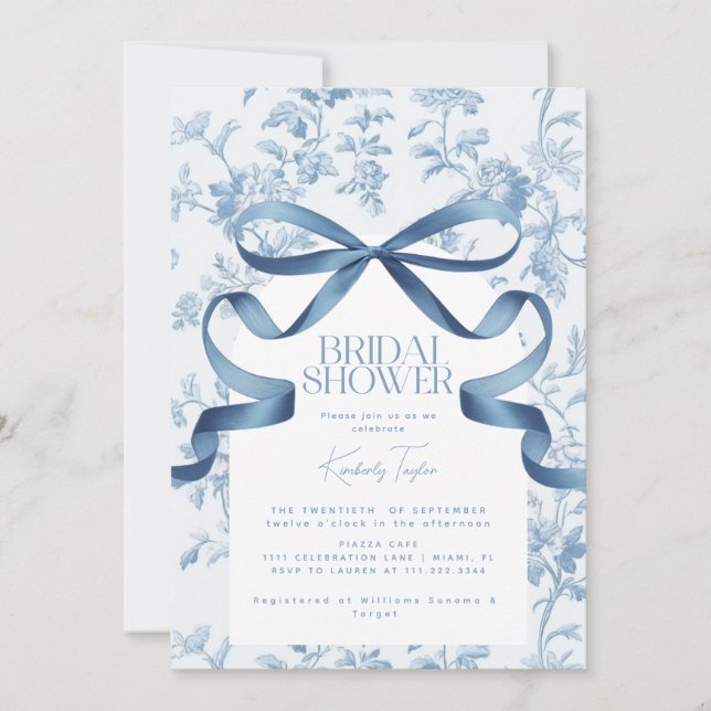 Faire-part de fiançailles à ruban bleu Toile De Jo (Devant)