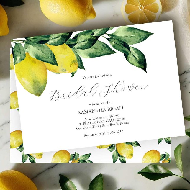 Faire-part de fiançailles au citron | Horizontal (Watercolor lemons bridal shower invitations art by Victoria Grigaliunas of Do Tell A Belle)