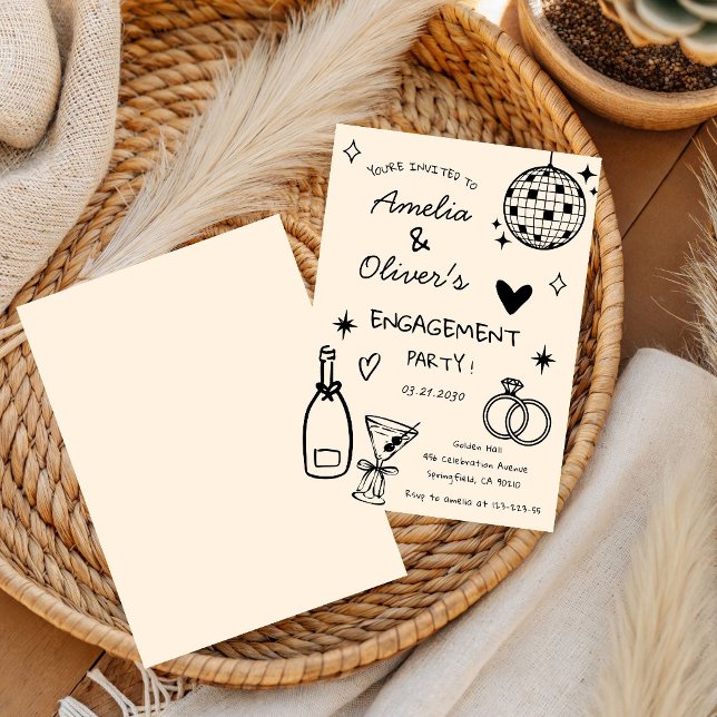 Faire-Part de Fiançailles Disco Champagne Dessiné  (Créateur téléchargé)