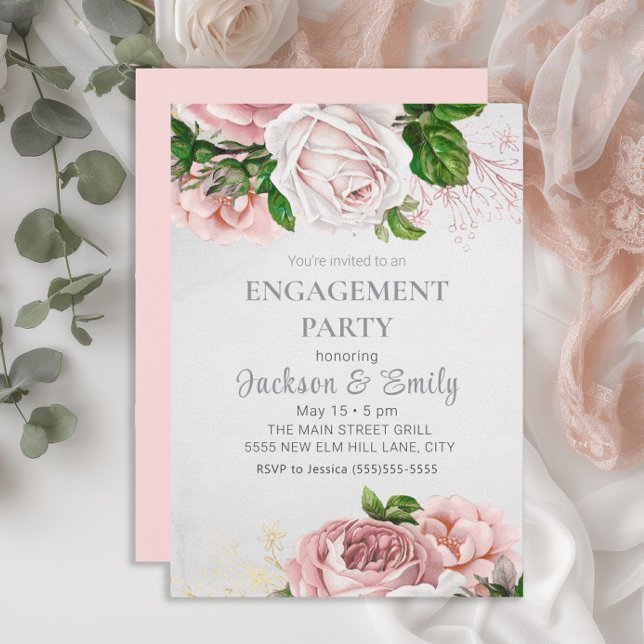 Faire-part de fiançailles élégant Roses roses Fleu (Elegant blush pink watercolor vintage floral engagement party invitation)