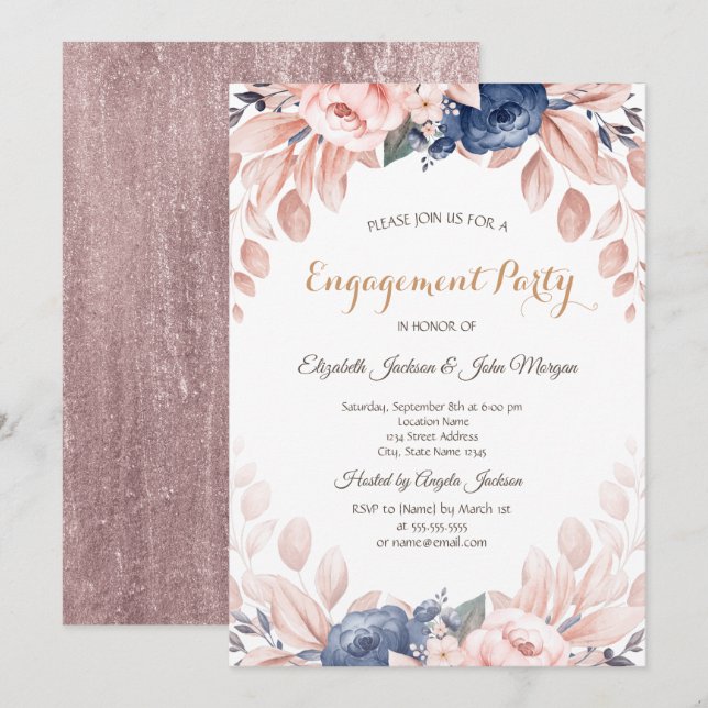 Faire-part de fiançailles Fleurs Bleues Aquarelle  (Devant / Derrière)