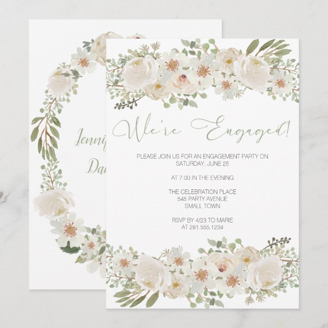Faire-part de fiançailles floral pour mariage blan (Devant / Derrière)