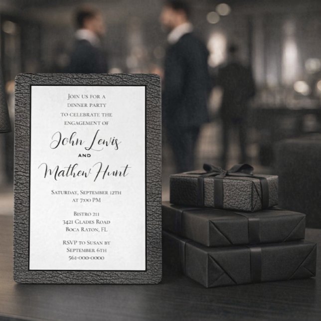 Faire-part de fiançailles masculin moderne (Elegant engagement dinner invitation featuring modern masculine design)