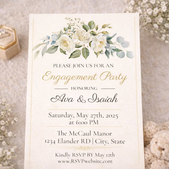 Faire-part de fiançailles Romance Ivory Gold (Ivory rose and champagne gold engagement soirée announcement with soft greenery detail)
