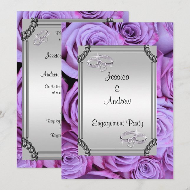 Faire-part de fiançailles Roses Lilas et Alliances (Devant / Derrière)